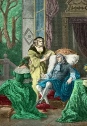 Duc de La Rochefoucauld i samtal med Madame de Sevigne och Madame de La Fayette (Gravyr)
