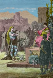 Vercingetorix kapitulerar för Julius Caesar efter nederlaget vid Alesia år 52 f.Kr (Gravyr)