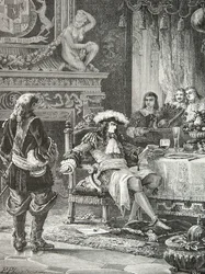 William 3 av Oranien Nassau får veta att kung James 3 av England har erkänts av Ludvig 14 (Gravyr)