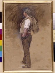 Farmer har jackan på huvudet. Målning av Alphonse Moutte (1840-1913), Obligatorisk omnämnande: Samlingsstiftelsens hälsningar från Provence, Marseille (mått i cm 27x18)