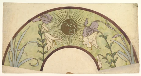 Design för en fläkt med sunburst, liljor och iris, sent 1800 - mitten av 1900-talet