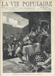 På scen av en resande teater ser publiken som samlas på numret på en sabelsvala, vid dess sidor, gömd av scenridån, observerar två artister den med ett leende. Illustration av Alfons Maria Mucha (Alphonse Marie Mucha