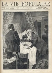 Två män lutar sig över en säng för att se en mans död. Vid dörren står andra män och tittar på scenen. Illustration av Alfons Maria Mucha (Alphonse Marie Mucha