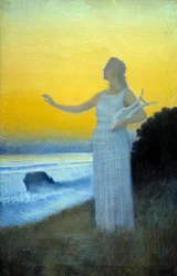 Hymn till havet. Ung kvinna som håller en lyra vänd mot havet. Gestalt som framkallar den antika grekiska poetissan Sapfo. Målning av Alphonse Osbert (1857-1939), 1900, privat samling