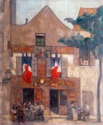 Vy över fasaden på den berömda parisiska restaurangen i Montmartre, med flaggor i fönstret och människor vid ett bord.