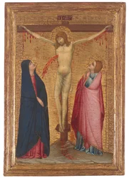 Korsfästelsen med madonnan och Johannes evangelisten (tempera och guld på pannå)