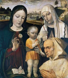 Madonna och barn, Saint Catherine of Siena och en kartusisk munk, ca. 1490.