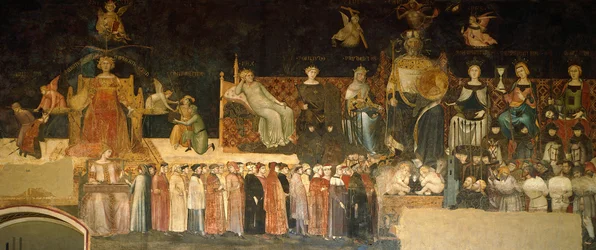 Allegori över det goda styret, detalj ur Allegori och verkningar av gott och dåligt styre i stad och på landsbygd av Ambrogio Lorenzetti (verksam 1285-1348), fresk, Fredssalen, Palazzo Pubblico, Siena