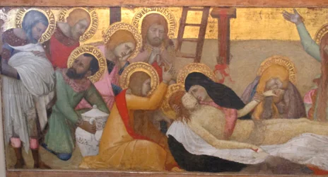 Ambrogio lorenzetti, madonnan med barnet och helgonen m. maddalena och marta, compianto, 02
