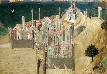 Stad vid havet, av Ambrogio Lorenzetti (1290-ca. 1348), tempera och guld på trä, 22.5x33.5 cm