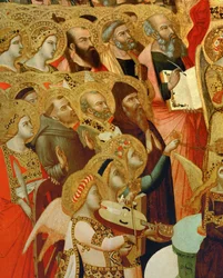 Detalj av ett altare: Helgon och änglar tillber Kristus ...