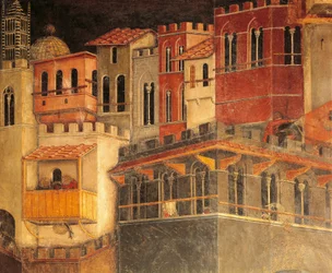 Effekter av god regering i stad, hus, detalj från Allegory och effekter av god och dålig regering i stad och land av Ambrogio Lorenzetti (aktiv 1285-1348), fresk, detalj Hall of Peace, Palazzo Publico, Siena