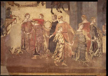 Effekter av gott styre i staden, detalj om dansare och tamburspelare, 1338-40