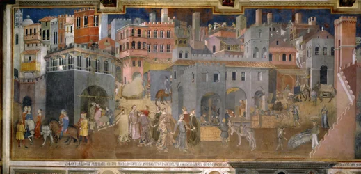 "Effekterna av bra och dåligt styre i stad och land". Detaljer om staden. Fresk av Ambrogio Lorenzetti (1290-1348)