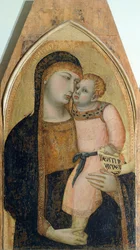 Madonna och barn, detalj från Triptyk föreställande Madonna och barn med Maria Magdalena och St Dorothea av Ambrogio Lorenzetti (1290-ca 1348), olja på trä