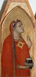 Maria Magdalena, detalj från triptyk föreställande Madonnan och barnet med Maria Magdalena och den heliga Dorothea av Ambrogio Lorenzetti (1290-ca 1348), olja på trä