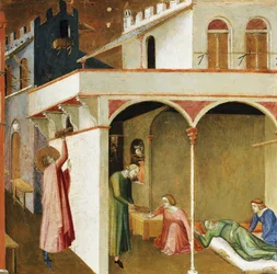 Nicolas kastar pengar i tre unga flickors hus för att undvika dem från prostitution, genom att ge dem giftermål. Scener ur St Nicholas liv (Tempera på trä