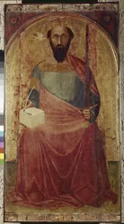 Sankt Paul. Målning av Ambrogio Lorenzetti (1290-1348). Måla på trä. Roccalbegna (Grosseto), de heliga Petrus och Paulus kyrka