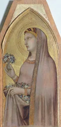St Dorothea, detalj från Triptyk föreställande Madonna och barn med Maria Magdalena och St Dorothea av Ambrogio Lorenzetti (1290-ca 1348), olja på trä