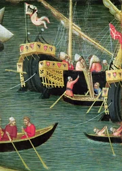 St. Nicholas räddar Mira från svält, detalj av ett skepp, ca 1327-32 (tempera på panel)