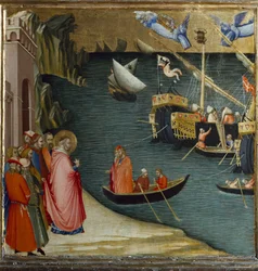 St Nicholas, biskop av Myra, räddar ett skepp som bär en last med vete från stormen. Scener från St Nicholas Life (Tempera på panelen