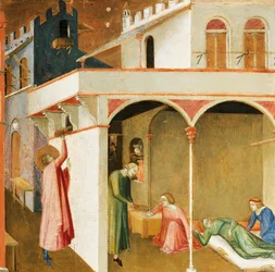 St Nicholas erbjuder tre fattiga flickor sin hemgift, detalj från mirakel av St Nicholas of Bari av Ambrogio Lorenzetti (1290-cirka 1348), tempera på trä