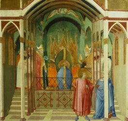Invigningen av St Nicholas som biskop av Mira, detalj från mirakel av St Nicholas av Bari, av Ambrogio Lorenzetti (1290-ca 1348), tempera på trä