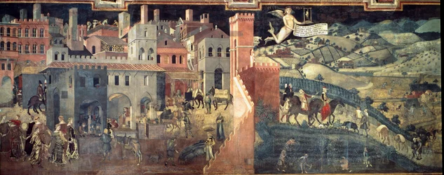Den goda och den dåliga regeringens verkningar på staden och landet. Detalj av staden. Fresk av Ambrogio Lorenzetti (1290-1348)