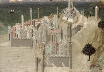Utsikt över en kuststad (olja på panel)