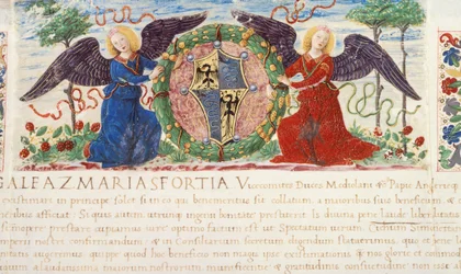 Änglar som håller en sköld föreställande en Sforza-vapen, miniatyr av Ambrogio Bergognone från ett manuskript, Italien 1477.