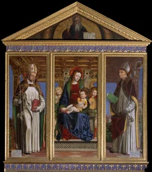 Jungfru och barn med de heliga Saint Hugh of Avalon (eller Hugh of Lincoln) (1140-1200) och Saint Hugh of Grenoble (eller Hugh of Chateauneuf) (1053-1132) Målning av Ambrogio da Fossano dit il Bergognone (1481-1522) Cathedrale Saint Just, Susa, Turin