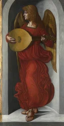 En ängel i rött med en luta (vinge av altaret i San Francesco, Milano). Omkring 1495-99