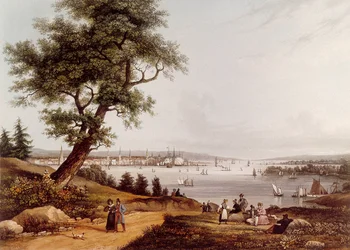 Utsikt över New York City 1840. Litografi av Louis Ambroise Garneray (1783-1857). Paris. B.N.