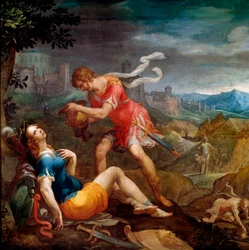 Tancrede döper Clorinde Illustration till dikten "La jerusalem delivree"" av Torquato Tasso (känd som Le Muche)