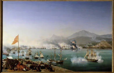 Grekiska självständighetskriget: “” Utsikt över Navarins sjöslag den 20/10/1827”” Det ägde rum i Navarin Bay (Pylos, västra Peloponnesos) mellan den ottomanska flottan och en fransk-anglo-rysk flotta. Målning av Ambroise Louis Garneray (1783-1857) 1831 Sön