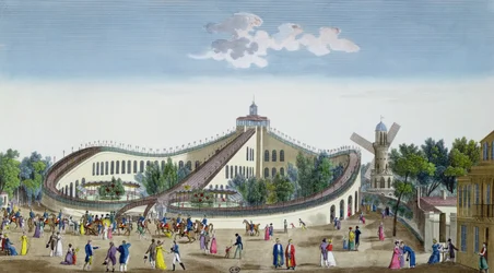 Promenades Aeriennes, Jardin Baujon, hedrad av hennes majestäts närvaro, 2 augusti 1817, c.1817 (färgstick)