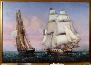 Återvändande från ön Elba 28/02/1815 Napoleon I (1769-1821) ombord på fartyget "" The inconstant""" korsar "" Zephyr""". Målning av Ambroise Louis Garneray (1783-1857) 1837 Sön. 1,87x2,27 m