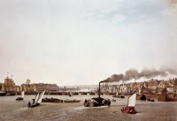 Vy över flodtrafiken på Seine till Rouen. Akvarell av Ambroise Louis Garneray (1783-1857) 1800-talets Paris, B.N.