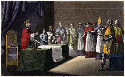 Assemblee of Worms: Louis I the Debonnaire (778-840), kung av Frankrike, deponerad av sina tre söner (Lothaire, Pepin och Louis) för att ha velat återkoppla sitt kungarike till förmån för sin fjärde son (Charles, en figur i blå bredvid kungen) år 833.