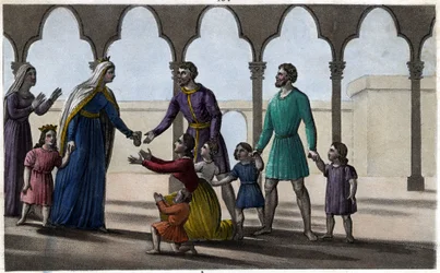 Batilde (eller Bathilde, hustru till Clovis II) avskaffar en dyr hyllning som gallerna betalade per huvud, liten som stor. - Chelles Abbey. Designad och graverad av Ambroise Tardieu 1825.