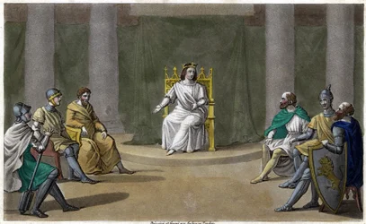 Caribert eller Chérebert, kung av Paris (561 - 567), höll råd, där han gav rättvisa. Designad och graverad av Ambroise Tardieu 1825.