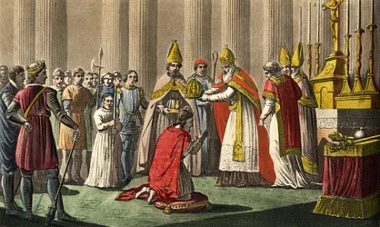 Karl den store (742-814) krönt av påve Leo III (ca 750-816) i Peterskyrkan i Rom den 25 december 800. Tecknad och graverad av Ambroise Tardieu 1825.