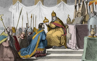 Karl den store (742-814), krönt av påve Leo III (ca 750-816) i Peterskyrkan i Rom den 25 december 800 - Karl den stores (742-814) smörjelse (kröning) år 800 av påve Leo III - Gravyr från 1825 i ”Frankrikes historia framställd genom synoptiska målningar”