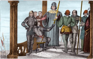 Charles V (1358-80) den vise överlämnar sitt svärd till Duguesdin - Charles V Le sage (1338-1380) presenterar högtidligt svärdet av den anslutna Bertrand du Guesclin (1320-1380) - Gravyr 1825 i "Histoire de France representerade av synoptiska målningar" de