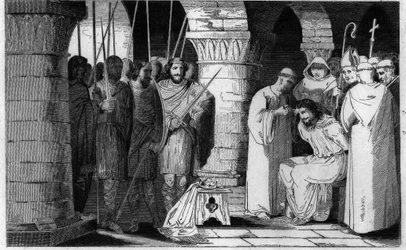 Childeric III (714-751) detroniseras och begränsas till ett kloster - Childeric III detrone och innesluten av Pepin le Brit i ett kloster i Saint Omer mellan 742-749 - Gravyr från 1825 i "Histoire de France representerad av synoptiska målningar dediee till