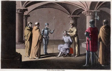 Childeric III detronerar och innesluter av Pepin le Brief i ett kloster i Saint Omer mellan 742 och 749. Ritningar och grav av Ambroise Tardieu 1825.