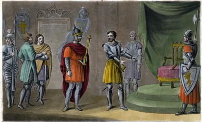 Chilperic II (670 - 721) placerades på tronen av Rainfroi 715. Designad och graverad av Ambroise Tardieu 1825.