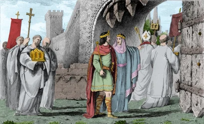 Chilperic I (539-584) i en religiös procession - Chilperic I, efter mordet på Sigebert, gick in i Paris efter en procession för att inte synas bryta mot den ed han hade avlagt att komma endast med sina bröders samtycke. Brunehaut (eller Brunehilde