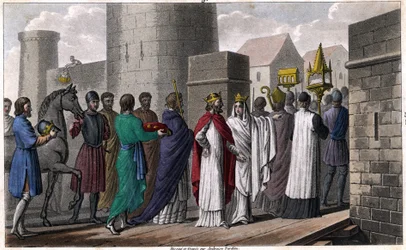 Chilperik tågade efter mordet på Sigebert in i Paris i en procession för att inte synas bryta den ed han avlagt att komma dit endast med sina bröders samtycke. Brunehaut (eller Brunhilde), som hade gått dit med sin son Childebert