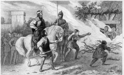 Chlothar I (497-561) bränner sin upproriska son och familj, 560 - Clotaire (Clothaire) I (497-561), kung av frankerna, bränner sin son Chramne (Chram, Chramn) och hans fru 560, som gjorde uppror mot honom - Gravyr 1825 i "Histoire de France representerad a